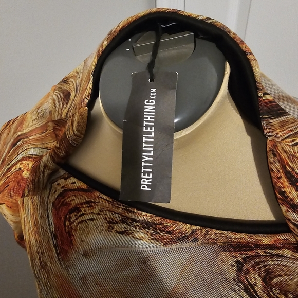 PrettyLittleThing  NWT Orange Mesh Animal Print Long  Sleeve Dress Sz 8 - Picture 7 of 11